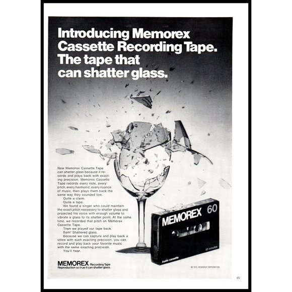 1971 Memorex 60 Cassette Tape Vintage Print Ad Shattered Wine Glass Wall Art - Picture 1 of 1